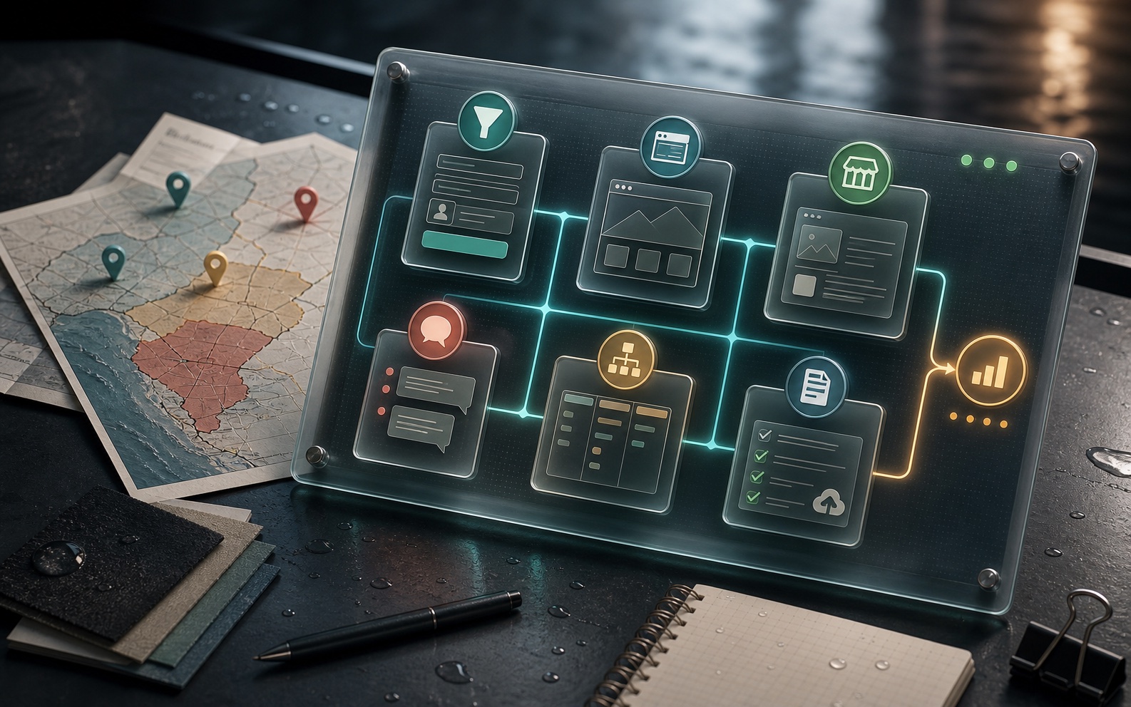 A glass command workspace connecting restoration lead intake, page, follow-up, pipeline, and search packet modules.