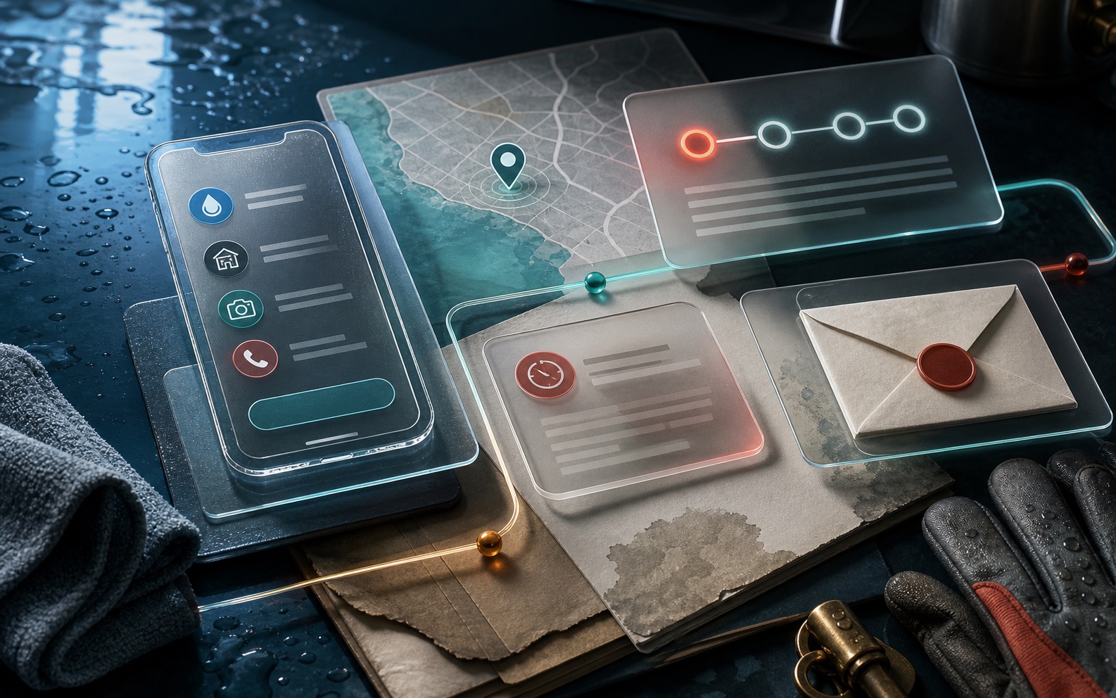 A glassmorphic restoration lead intake collage with phone, map, message, and routing signals.